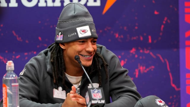 Feb 5, 2024; Las Vegas, NV, USA; Kansas City Chiefs running back Isiah Pacheco (10) talks to the media during Super Bowl LVIII Opening Night at Allegiant Stadium. Mandatory Credit: Lucas Peltier-USA TODAY Sports  